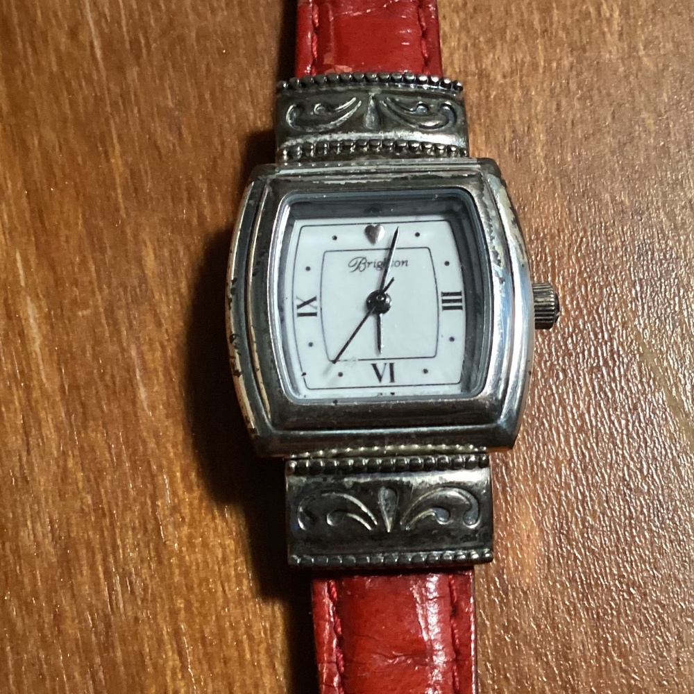 Brighton Waterford Silver-tone Black/Red Rotating Leather Band Watch